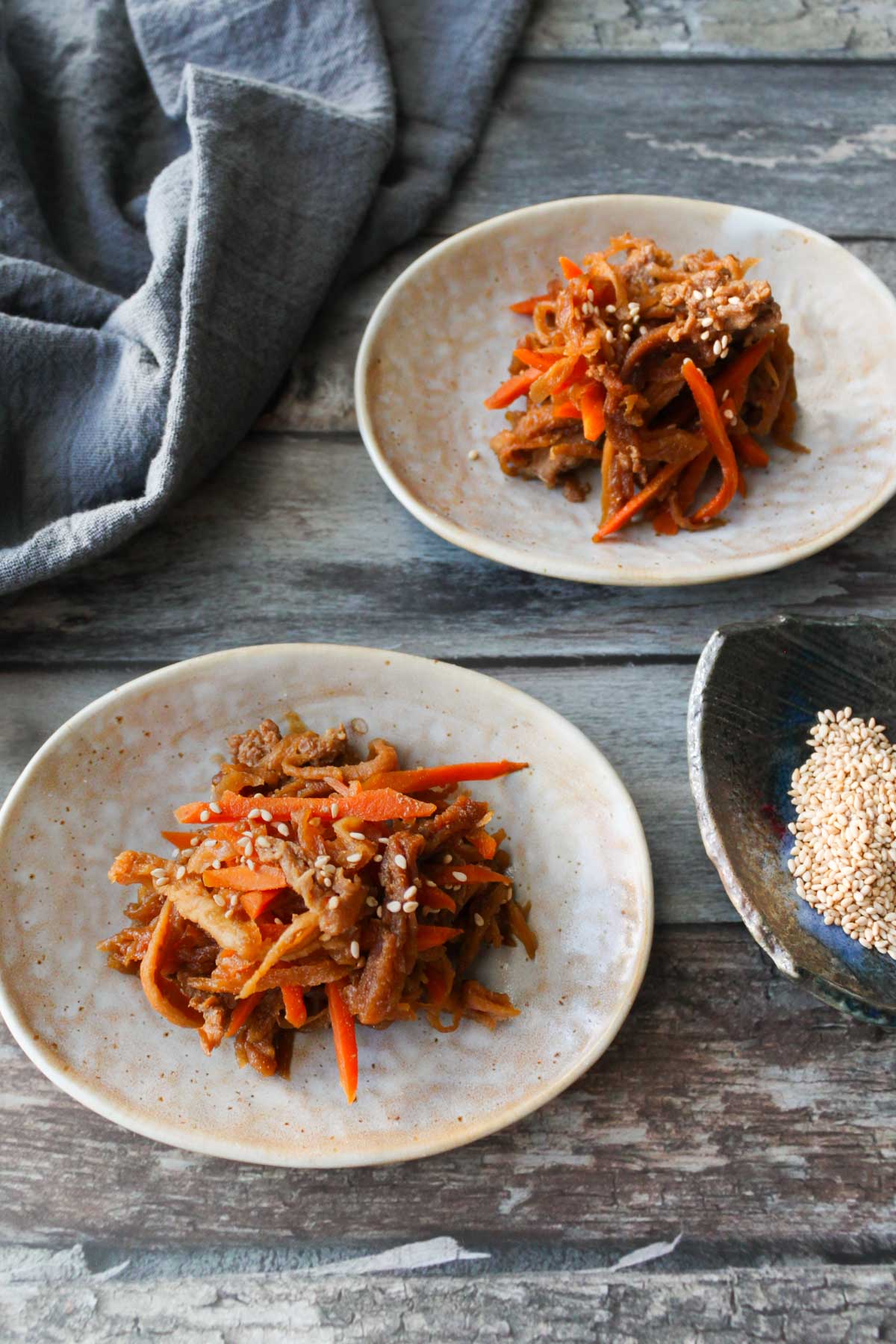 two plates with simmered kiriboshi daikon