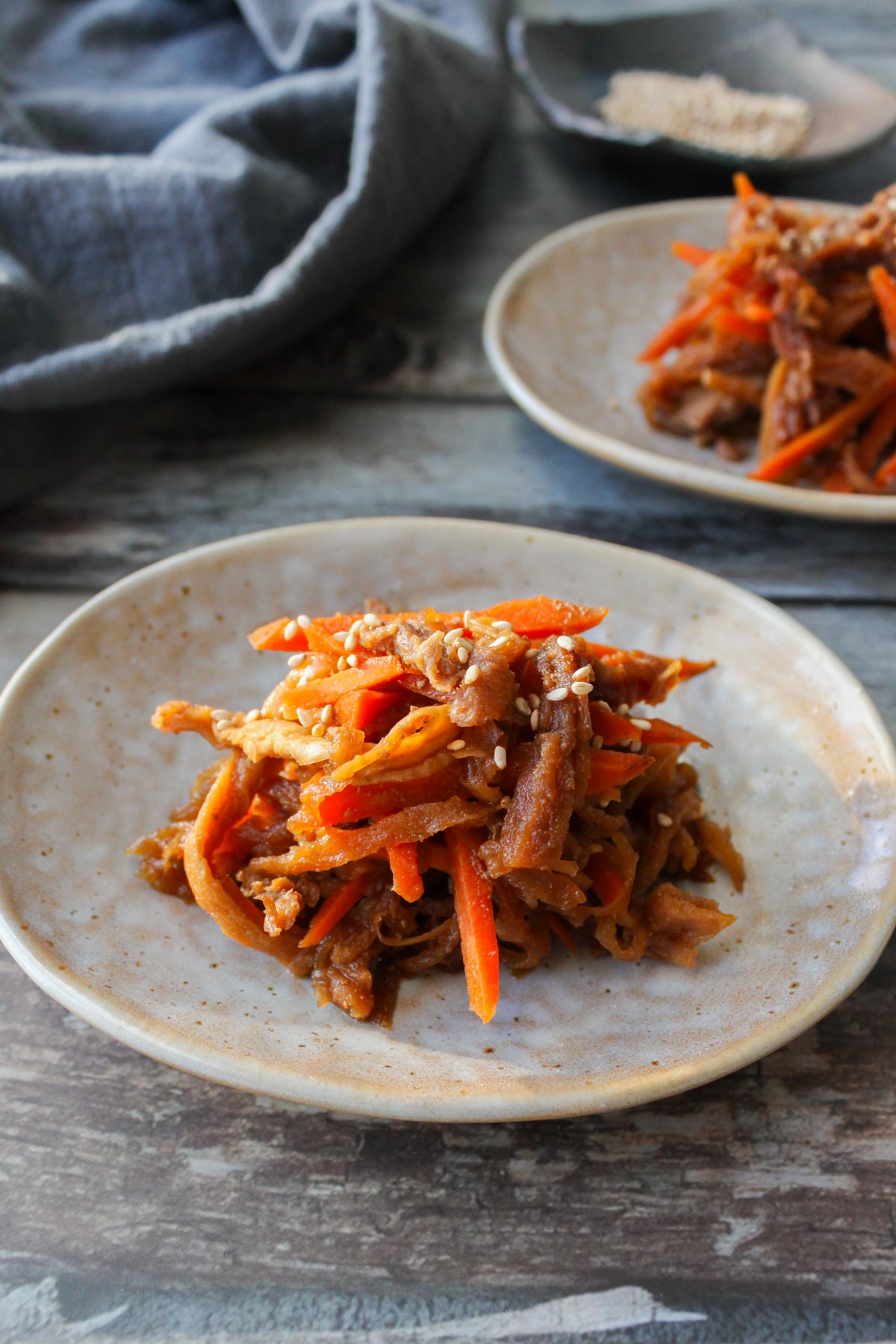 two plates with simmered kiriboshi daikon