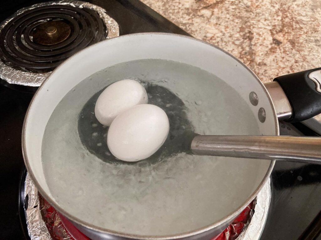 two eggs are on a ladle lowering down to boiling water in a pot