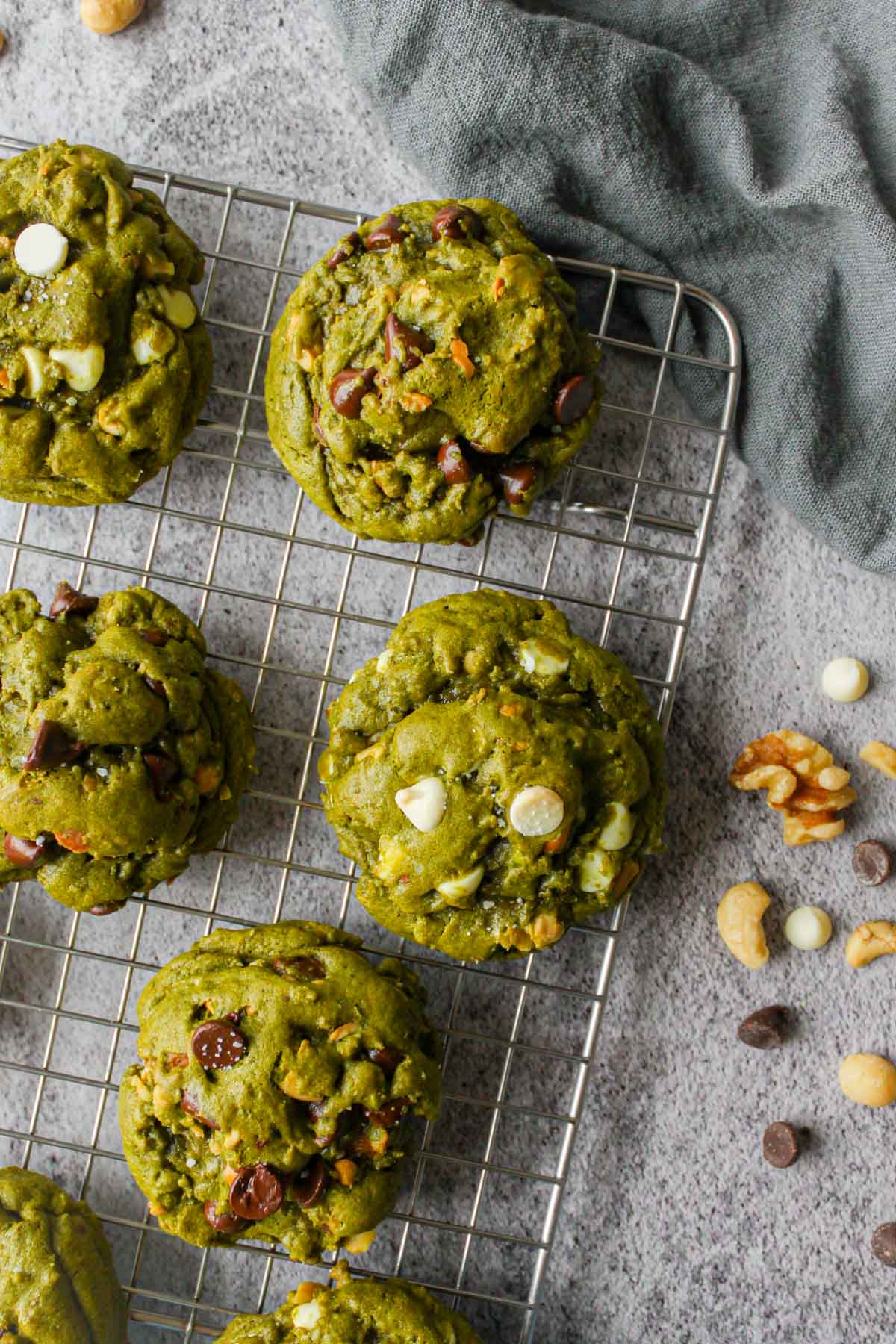 matcha chocolate chip cookies on a cooling rack