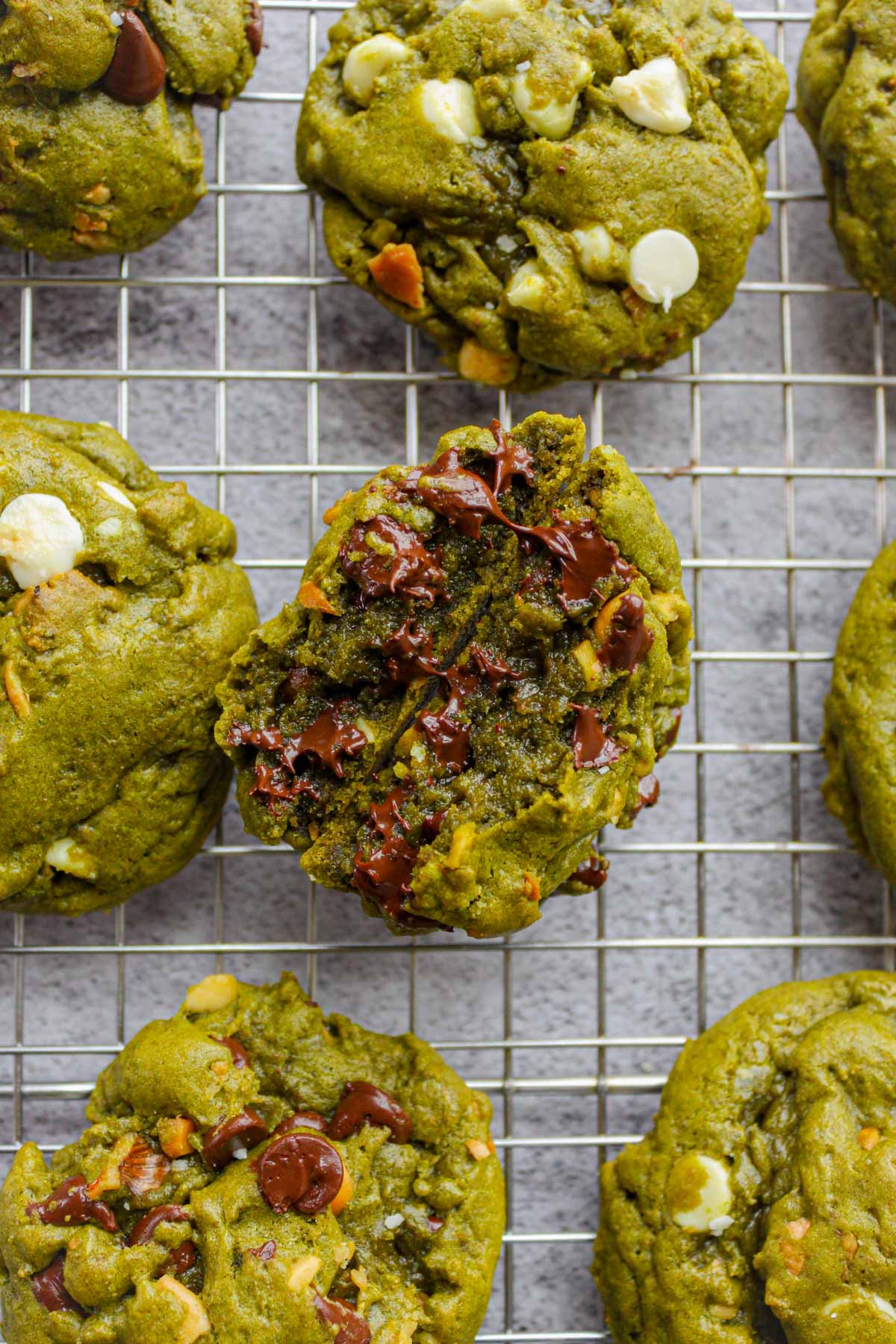 matcha chocolate chip cookies on a cooling rack