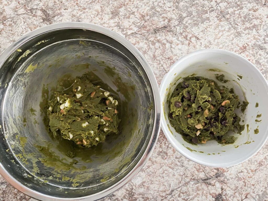 matcha chocolate chip cookie dough in two separate bowls