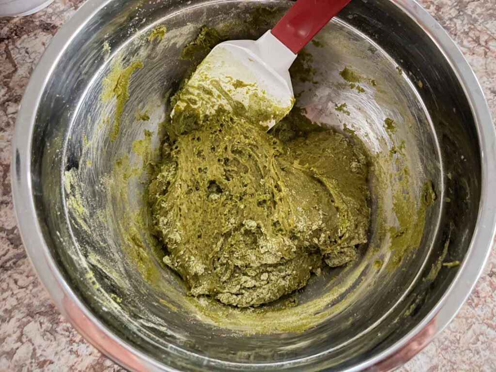 matcha chocolate chip cookie dough in a bowl