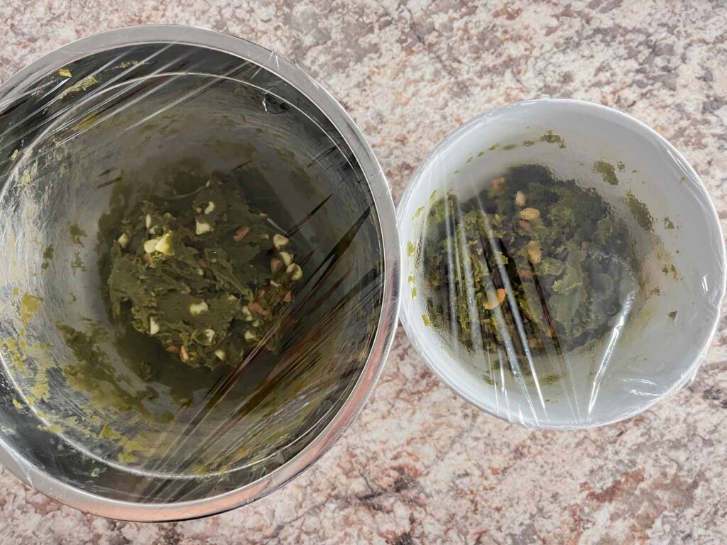 matcha chocolate chip cookie dough in two separate bowls