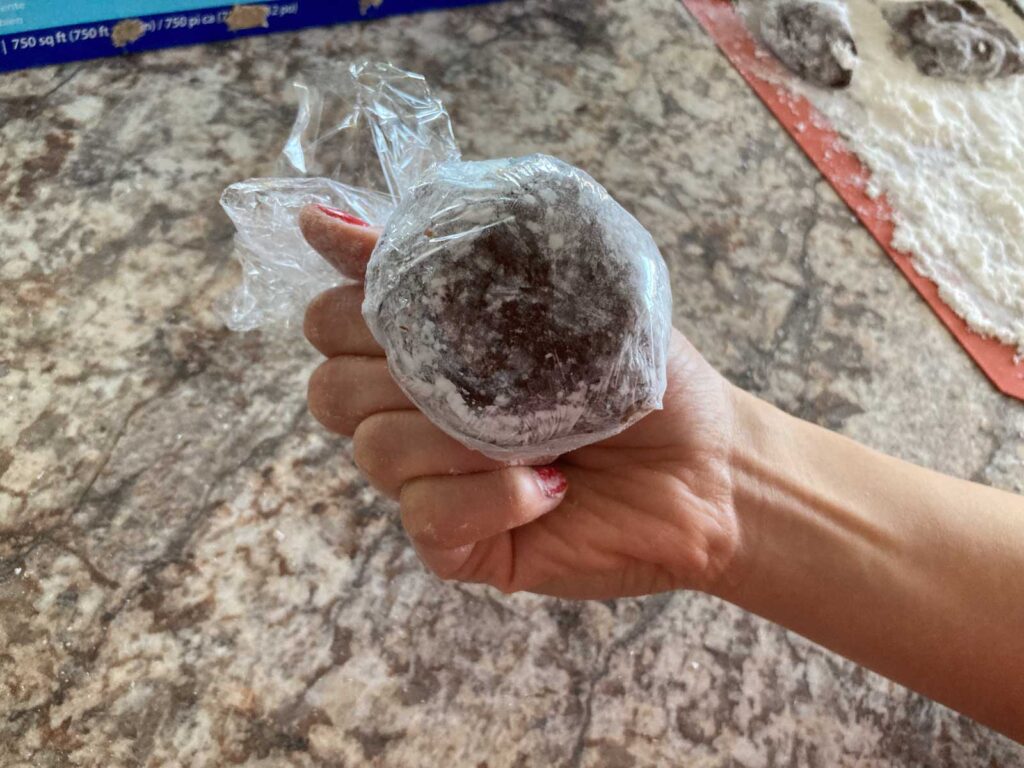 chocolate mochi ice cream wrapped in plastic wrap