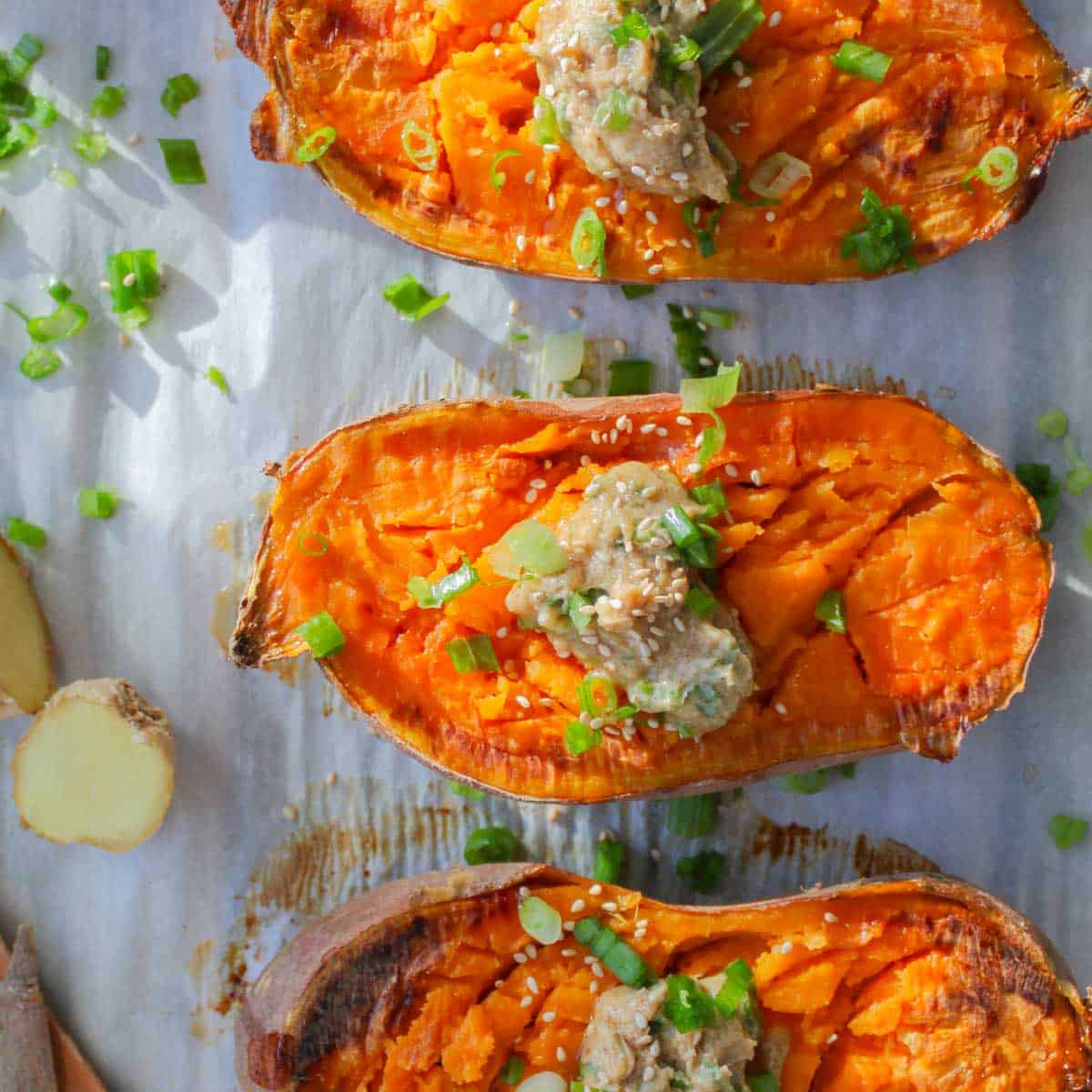 Roasted sweet potatoes with miso butter serving suggestion.