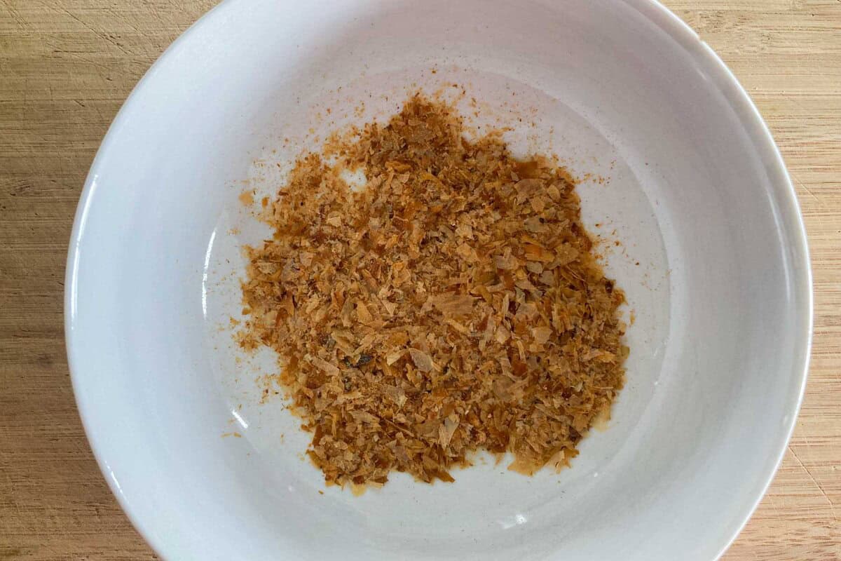 Bonito flakes powder in a bowl.