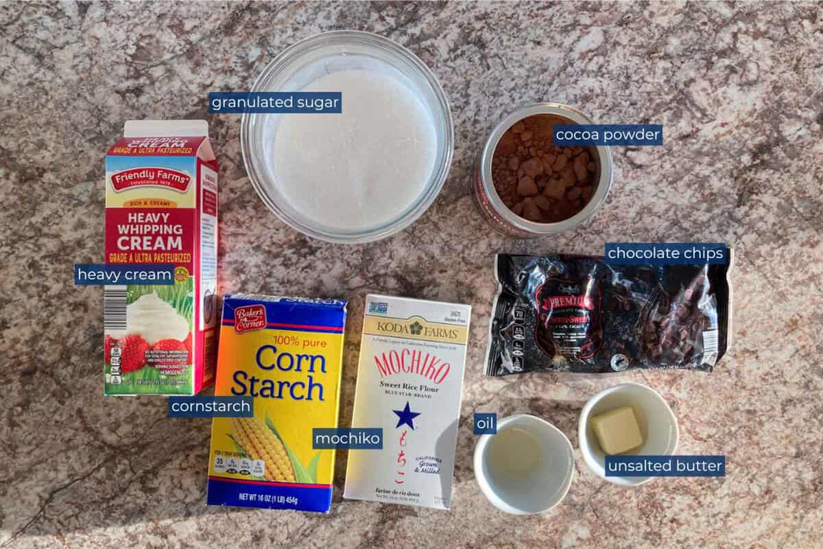 Ingredients to make chocolate mochi with ganache.