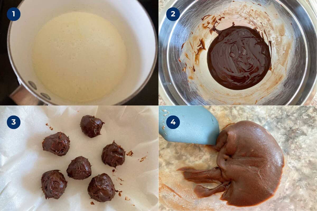 Steps to make chocolate mochi with ganache.