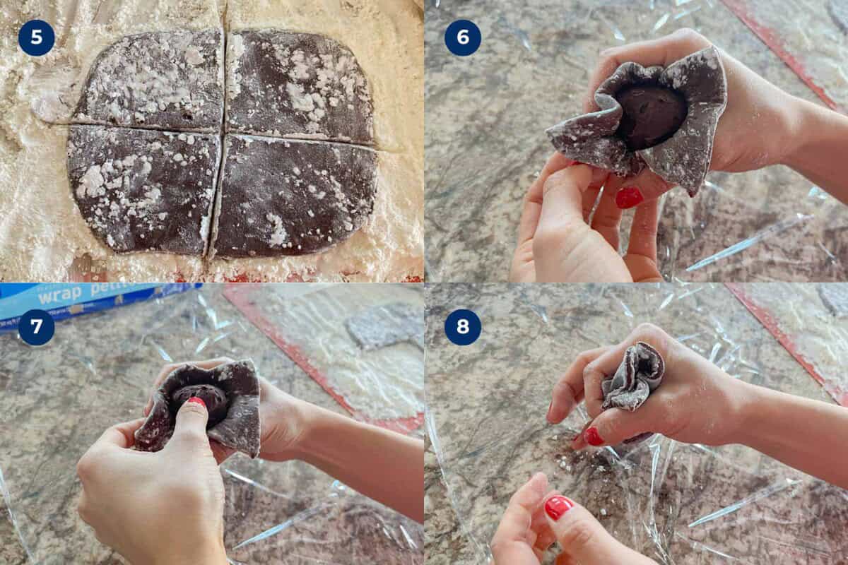 Steps to make chocolate mochi with ganache.