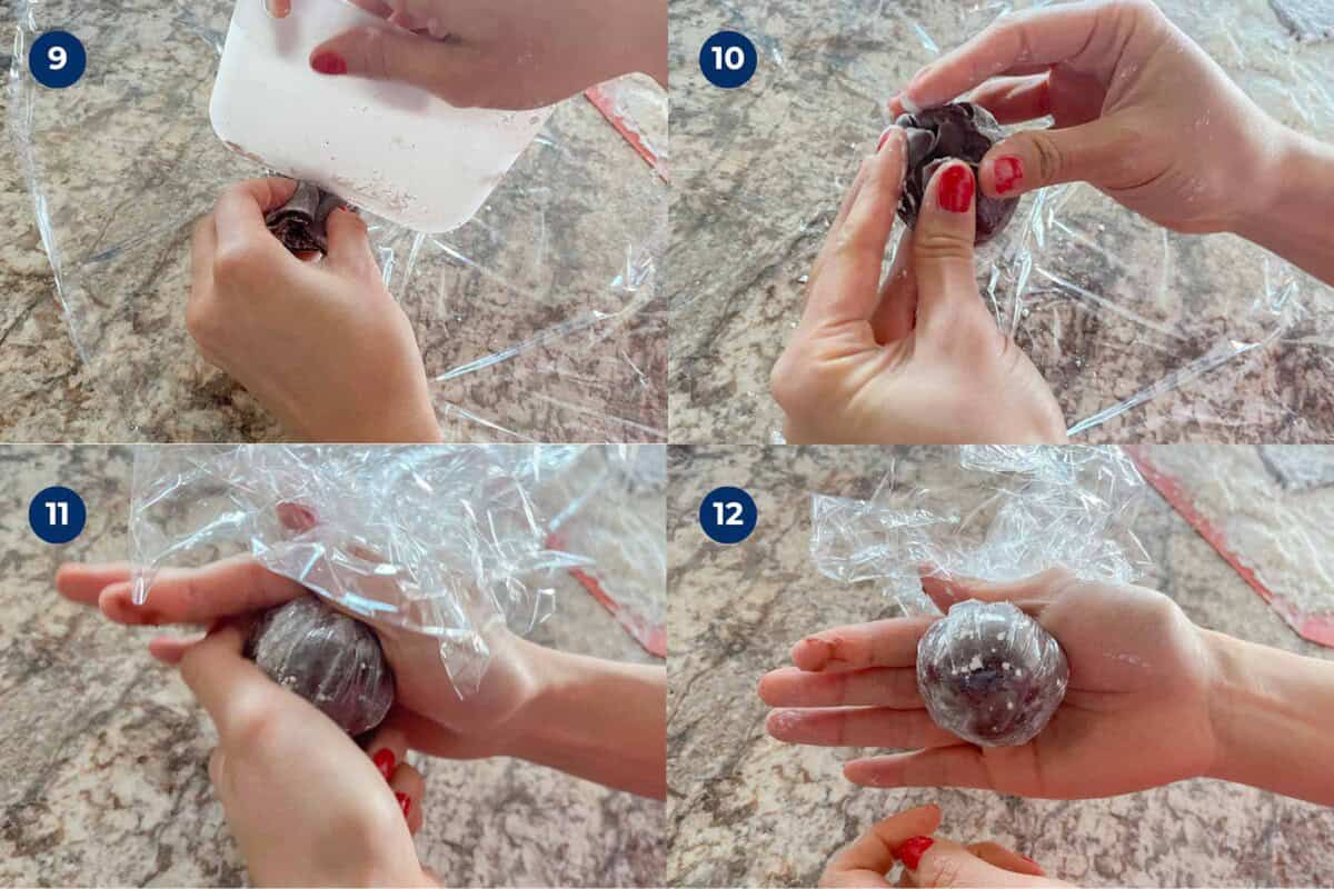 Steps to make chocolate mochi with ganache.