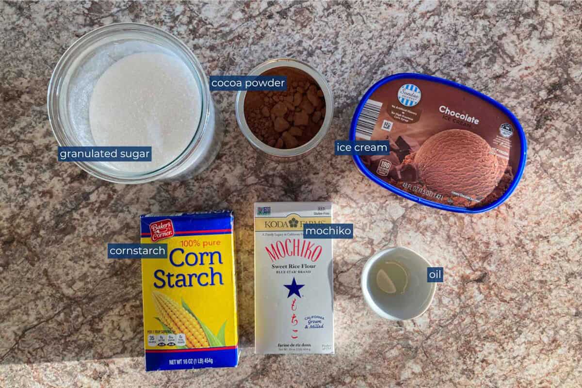 Ingredients for chocolate mochi ice cream.