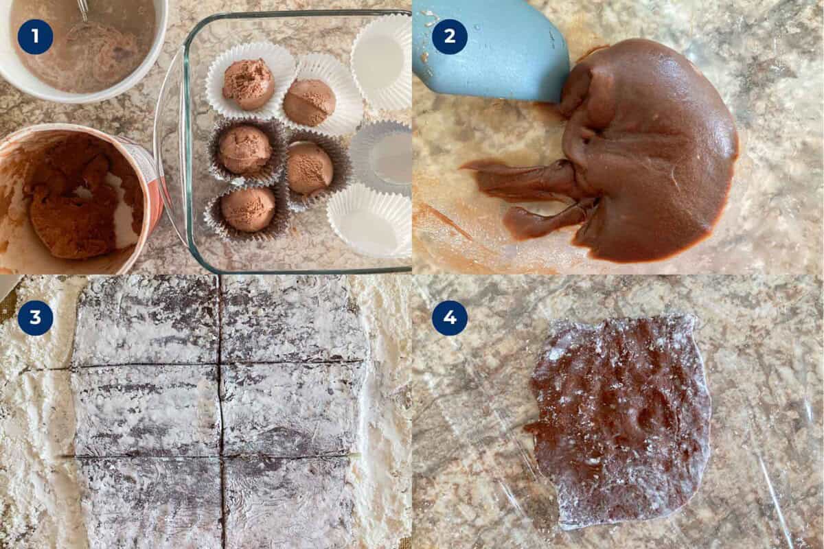 Steps to make chocolate mochi ice cream.