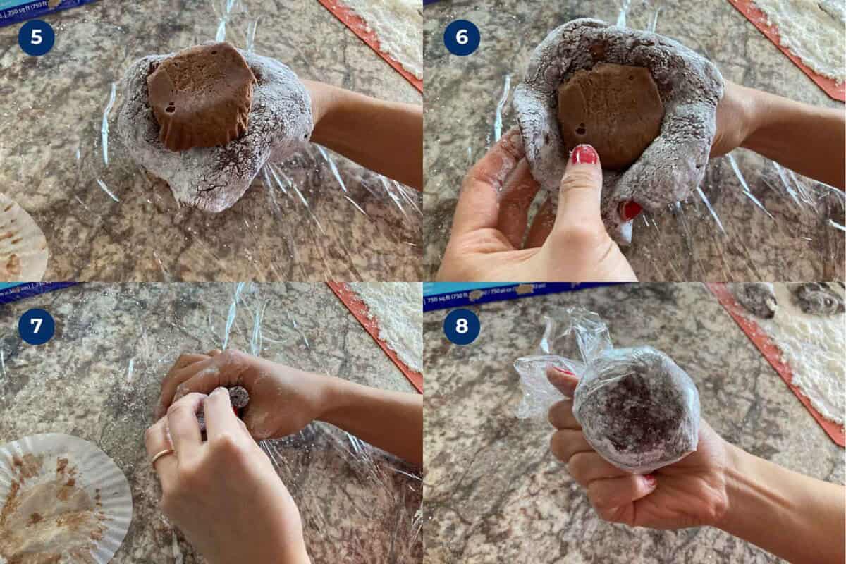 Steps to make chocolate mochi ice cream.