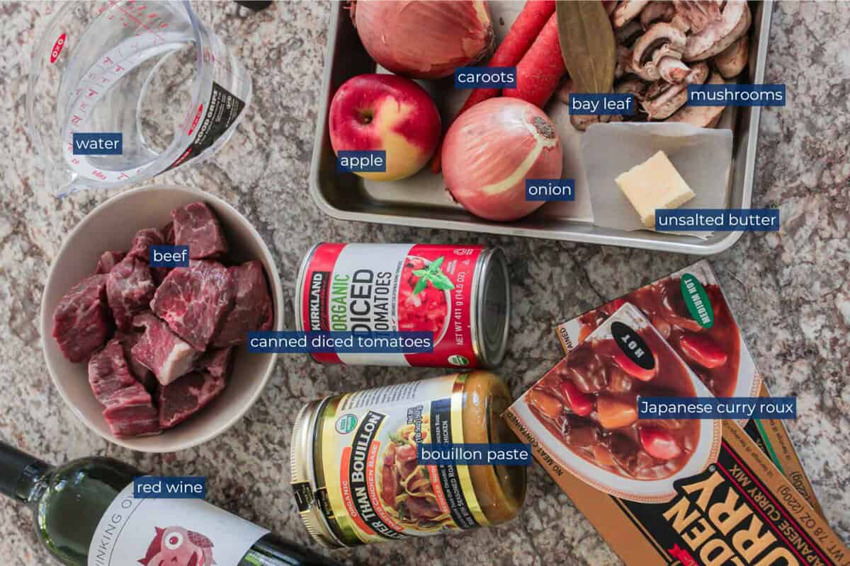 Ingredients for Japanese beef curry.