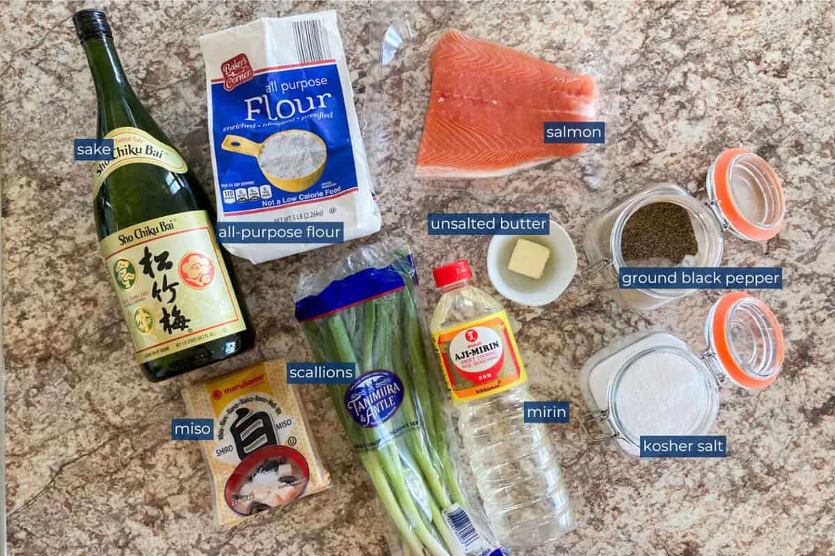 Ingredients for salmon with miso butter scallion sauce.