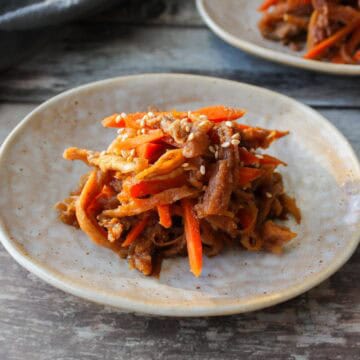 simmered kiriboshi daikon on a plate.