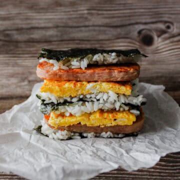stacked spam musubi with egg.