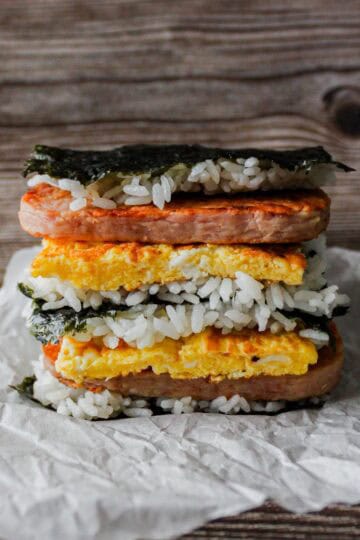 stacked spam musubi with egg.