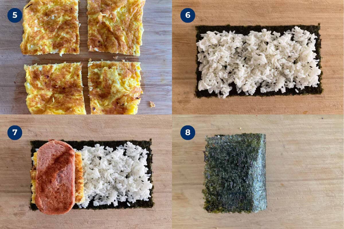 Steps to make spam musubi with egg.