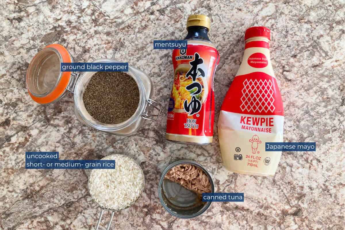 Ingredients for tuna mayo onigiri.