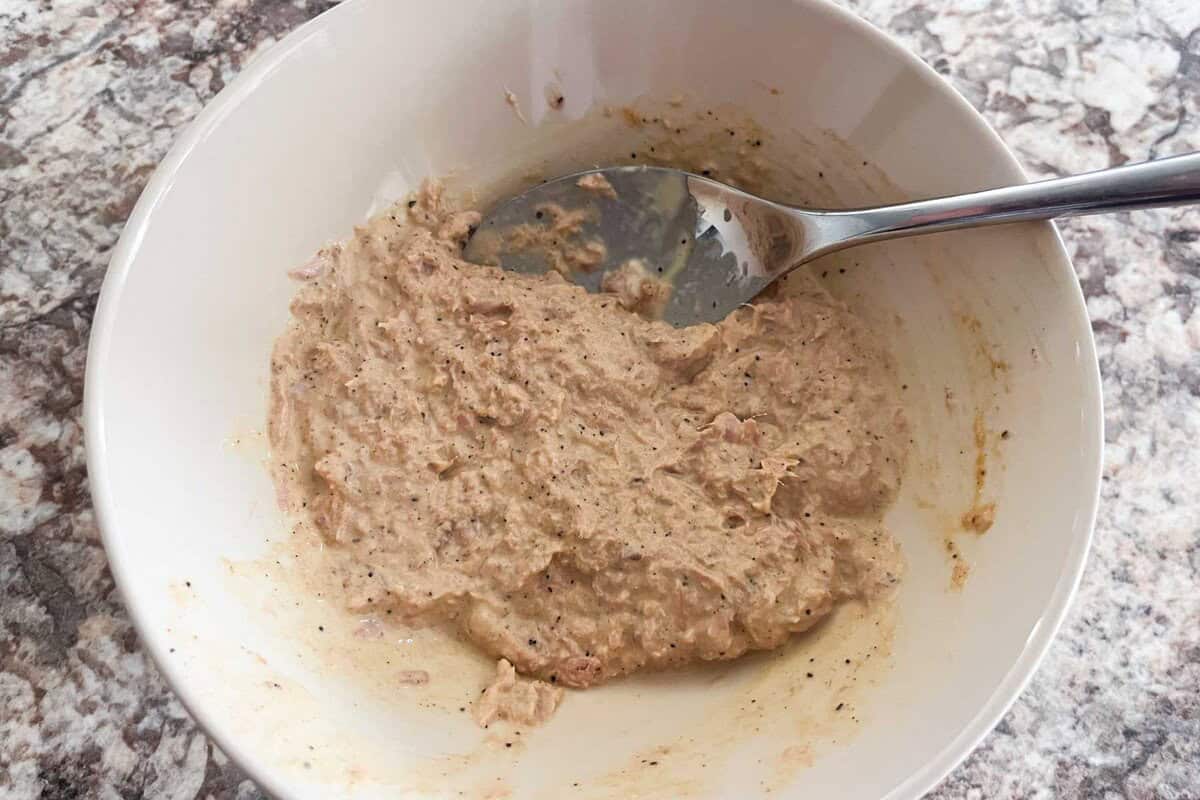 Tuna and mayo mixed in a bowl.