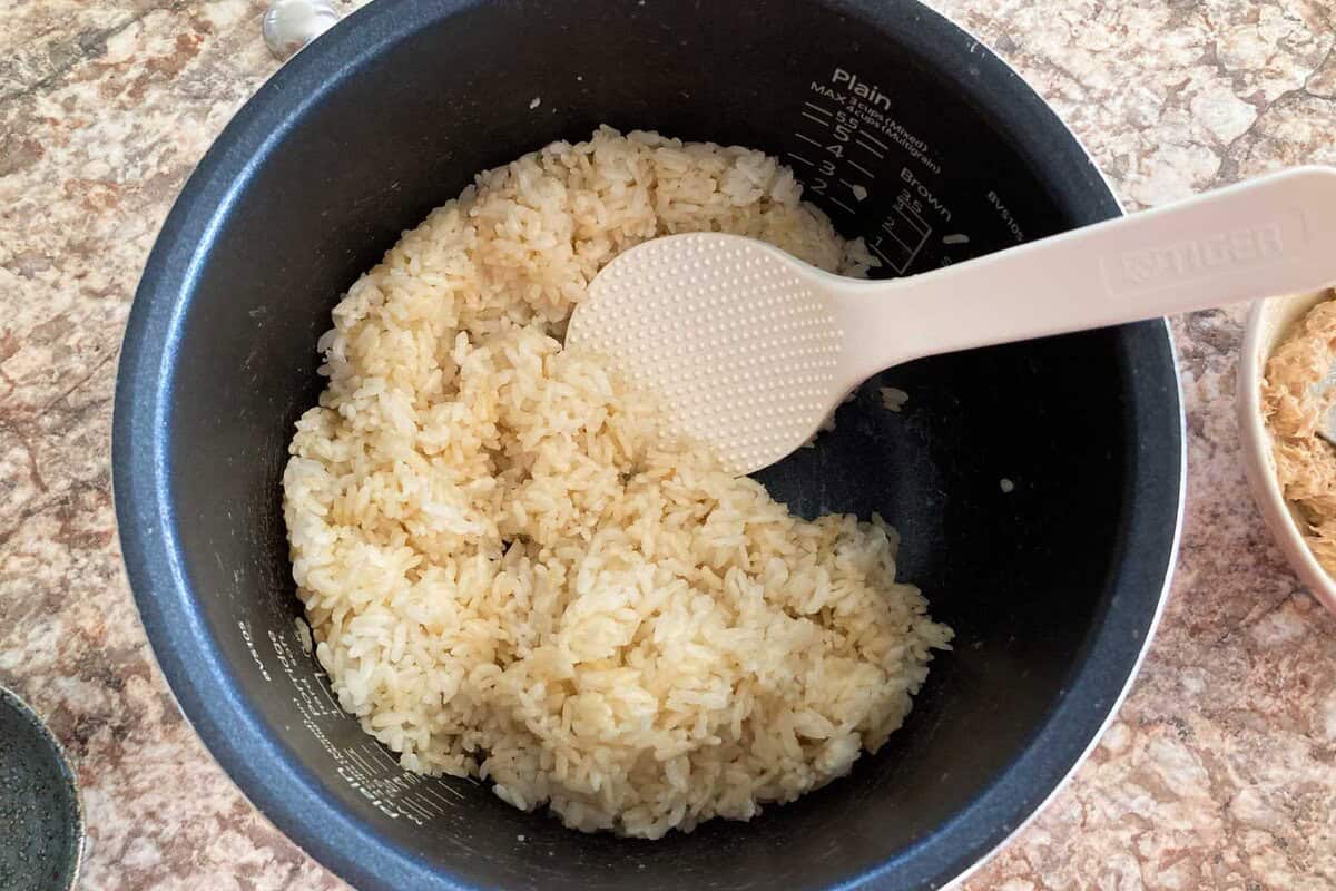 Cooked Japanese rice and mentsuyu are mixed in a rice bowl.