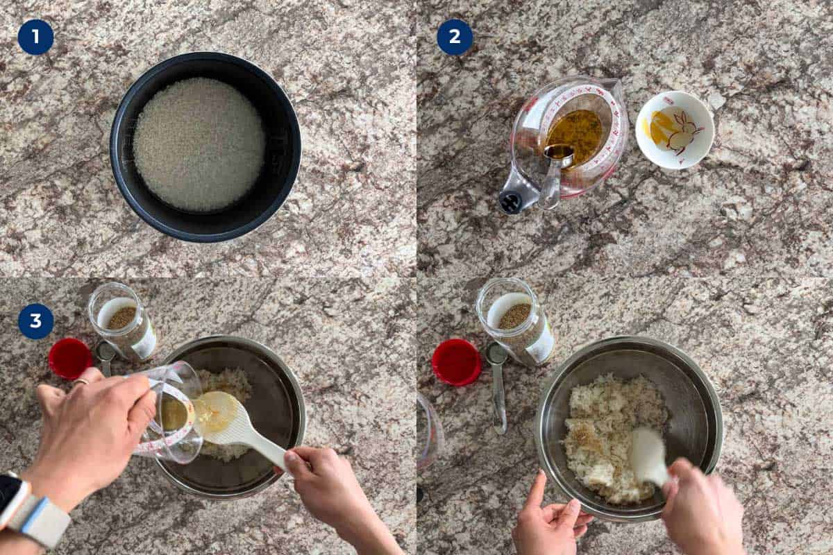 Steps to make inari sushi (inarizushi).