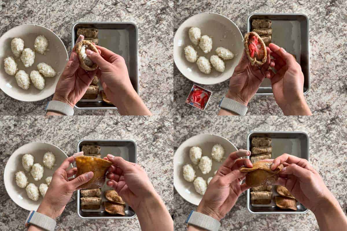 Steps to make inari sushi (inarizushi).