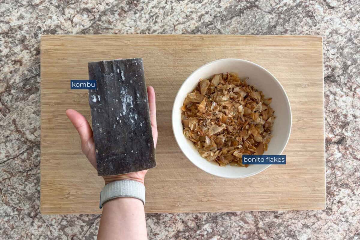 Ingredients used for awase dashi, japanese kombu and bonito soup stock.