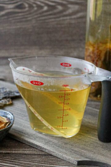 Japanese bonito and kombu dashi in a container.