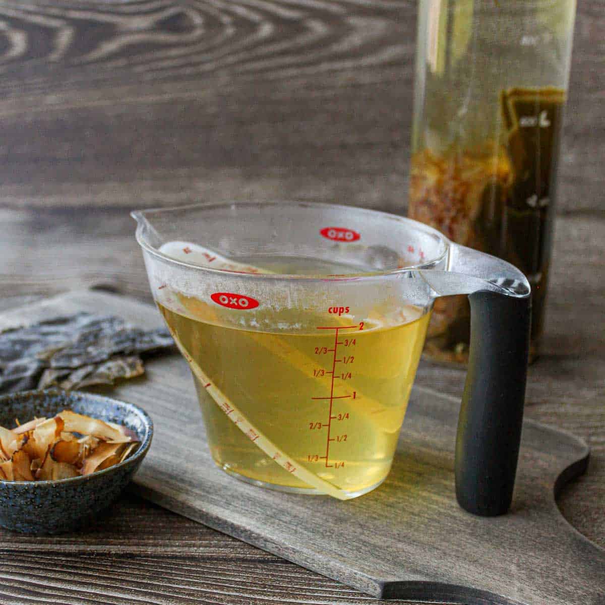Japanese bonito and kombu dashi in a container.