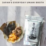 Dashi ingredients (shiitake, kombu, bonito flakes) on a plate on the left, and dashi bag on the right.