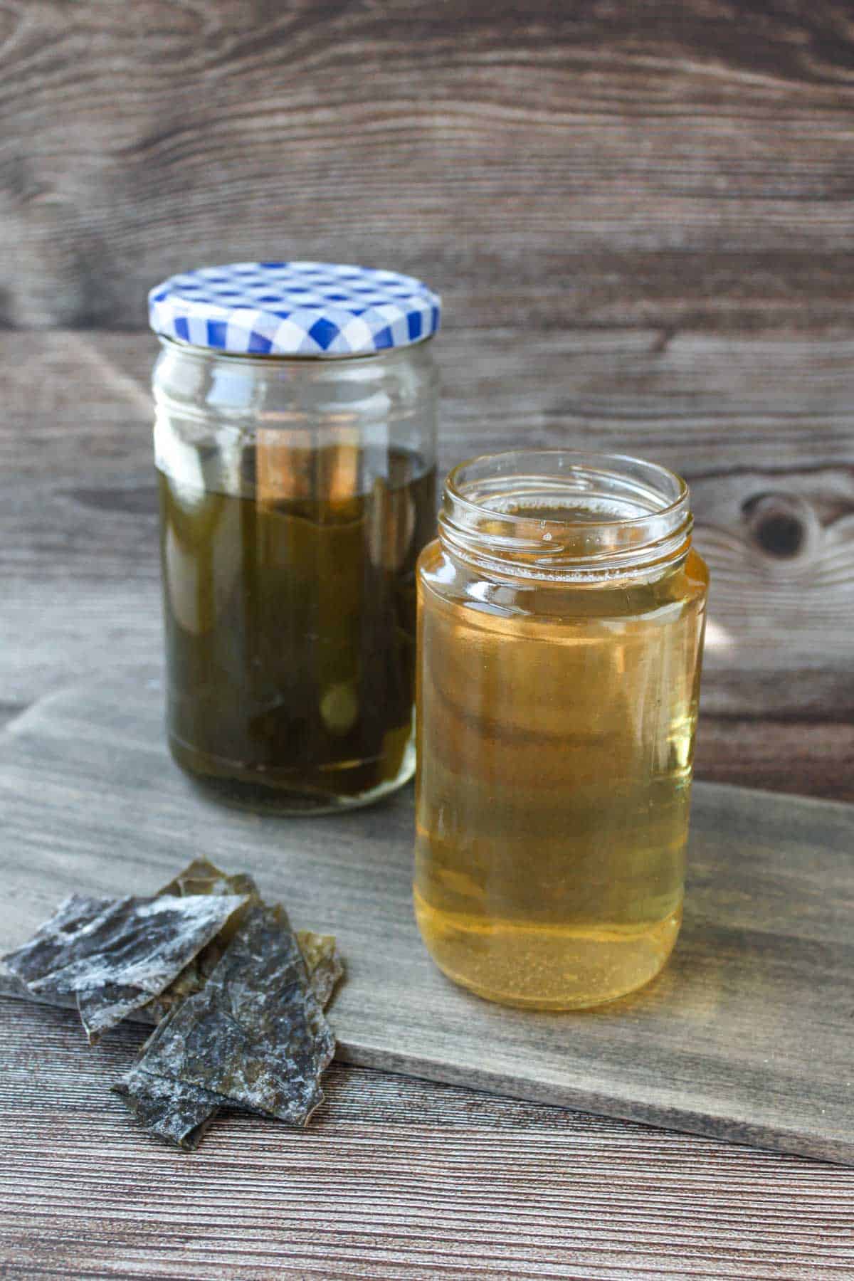 Kombu dashi in a glass container.