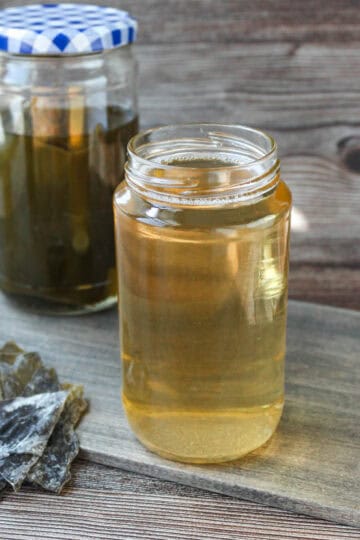 Kombu dashi in a glass container.