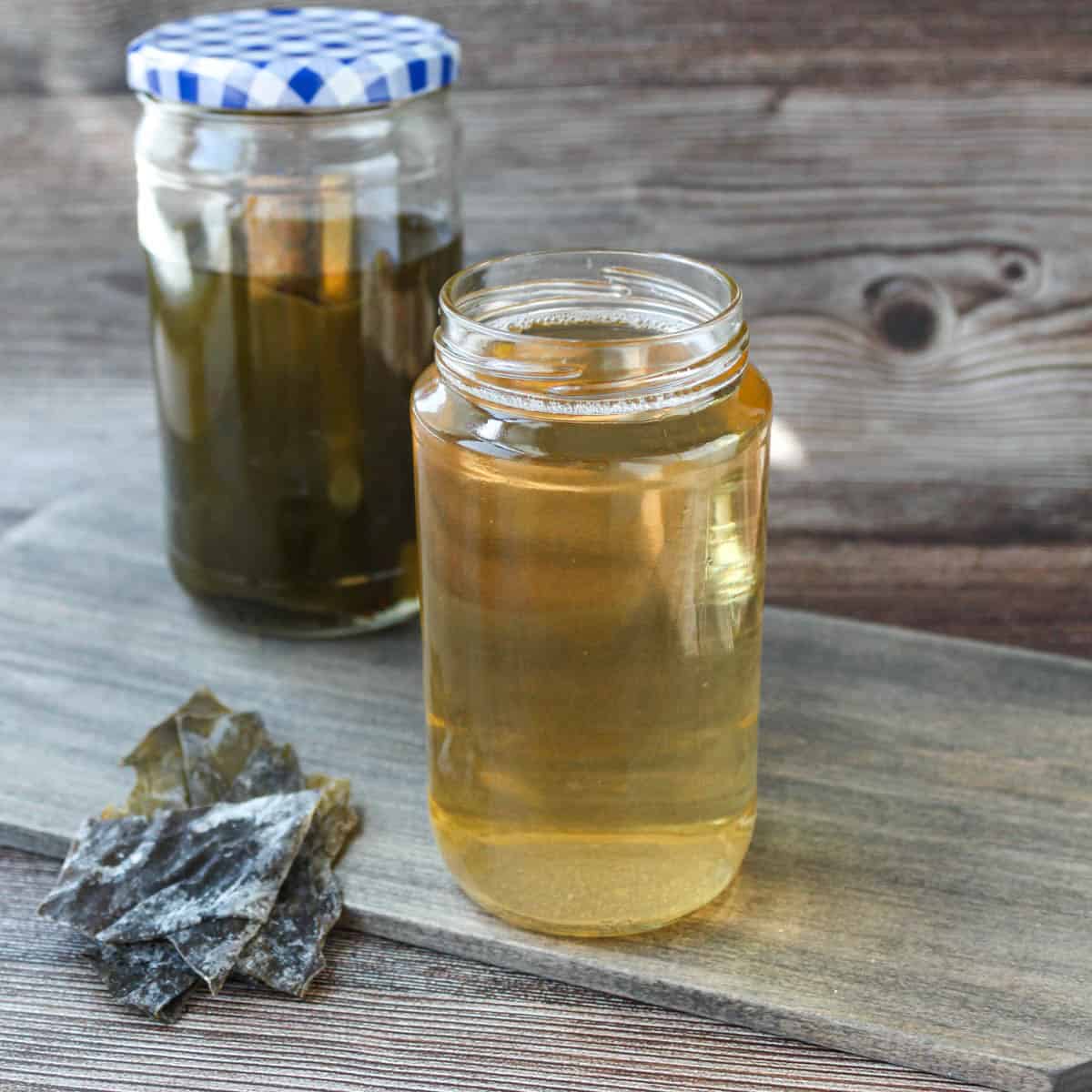 Kombu dashi in a glass container.