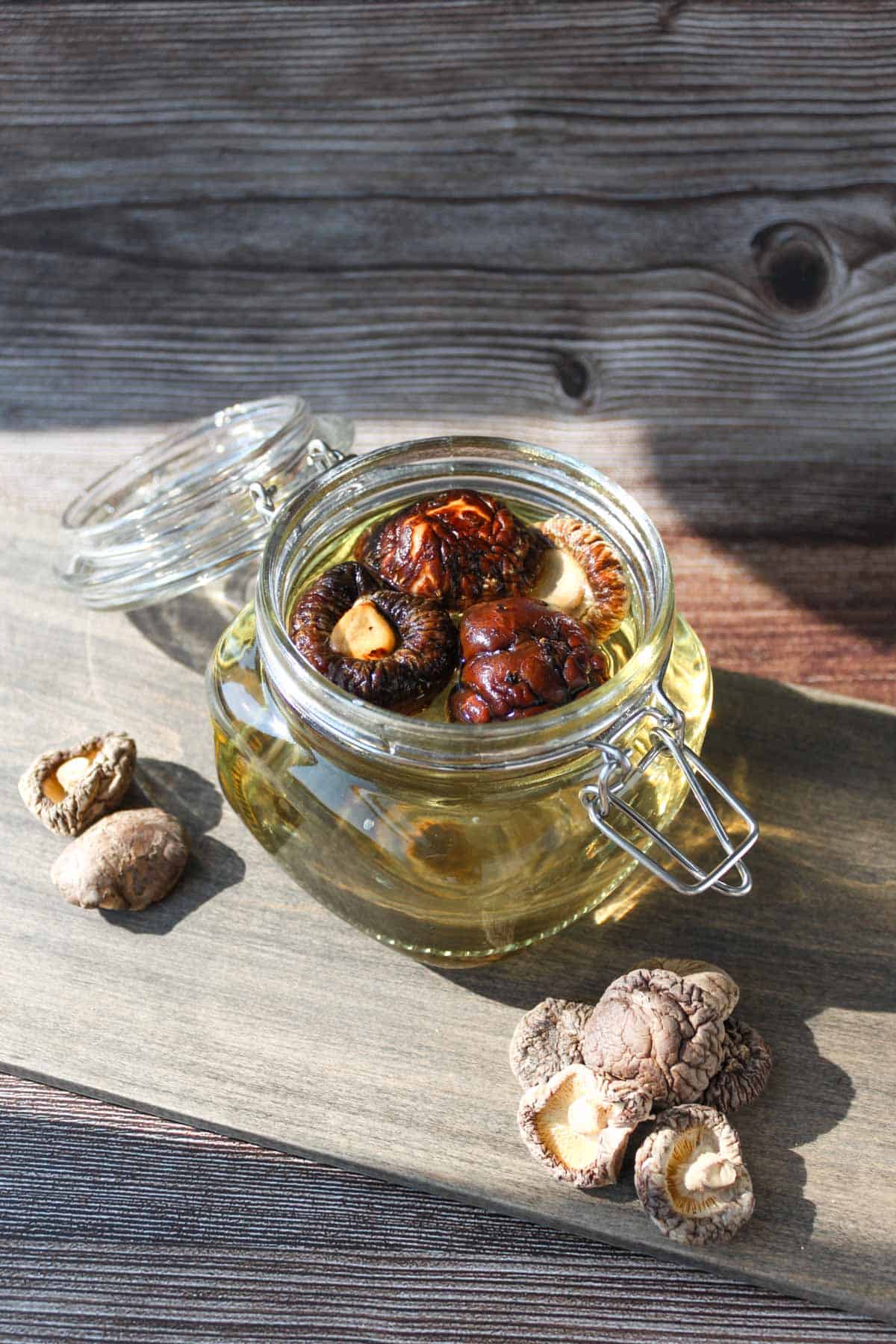 Shiitake dashi in a glass container.