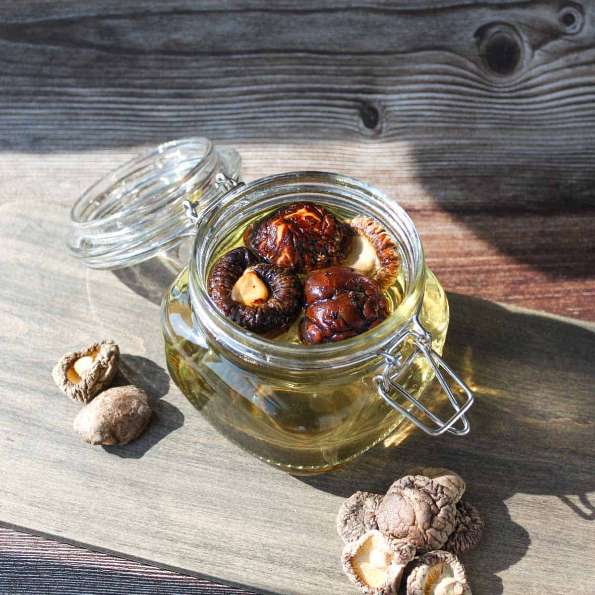 Shiitake dashi in a glass container.