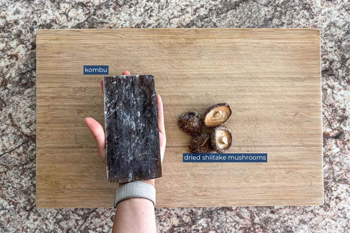 Ingredients needed for vegan dashi, kombu and dried shiitake.