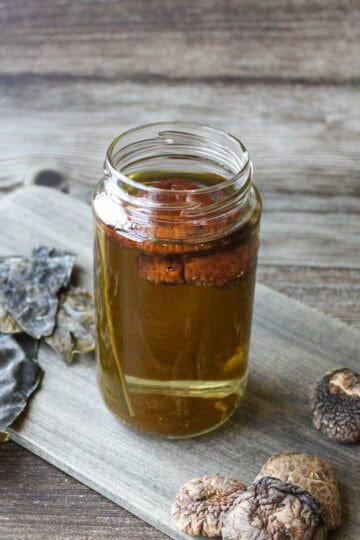 Japanese kombu and dried shiitake dashi in a container.