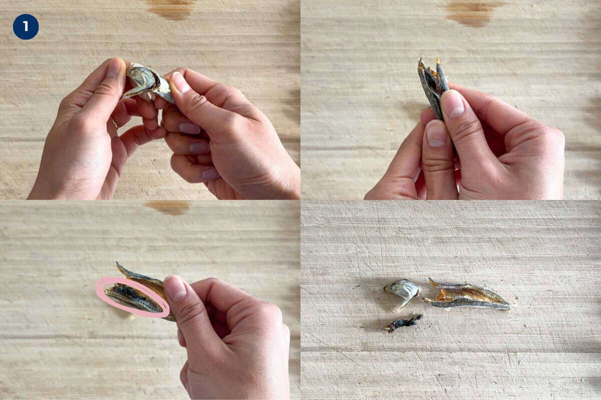 Steps to make Iriko dashi.
