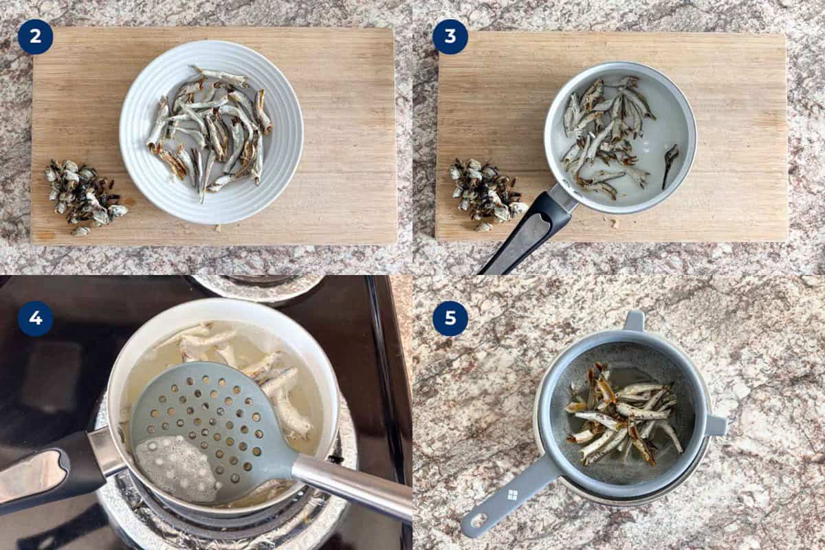 Steps to make Iriko dashi.