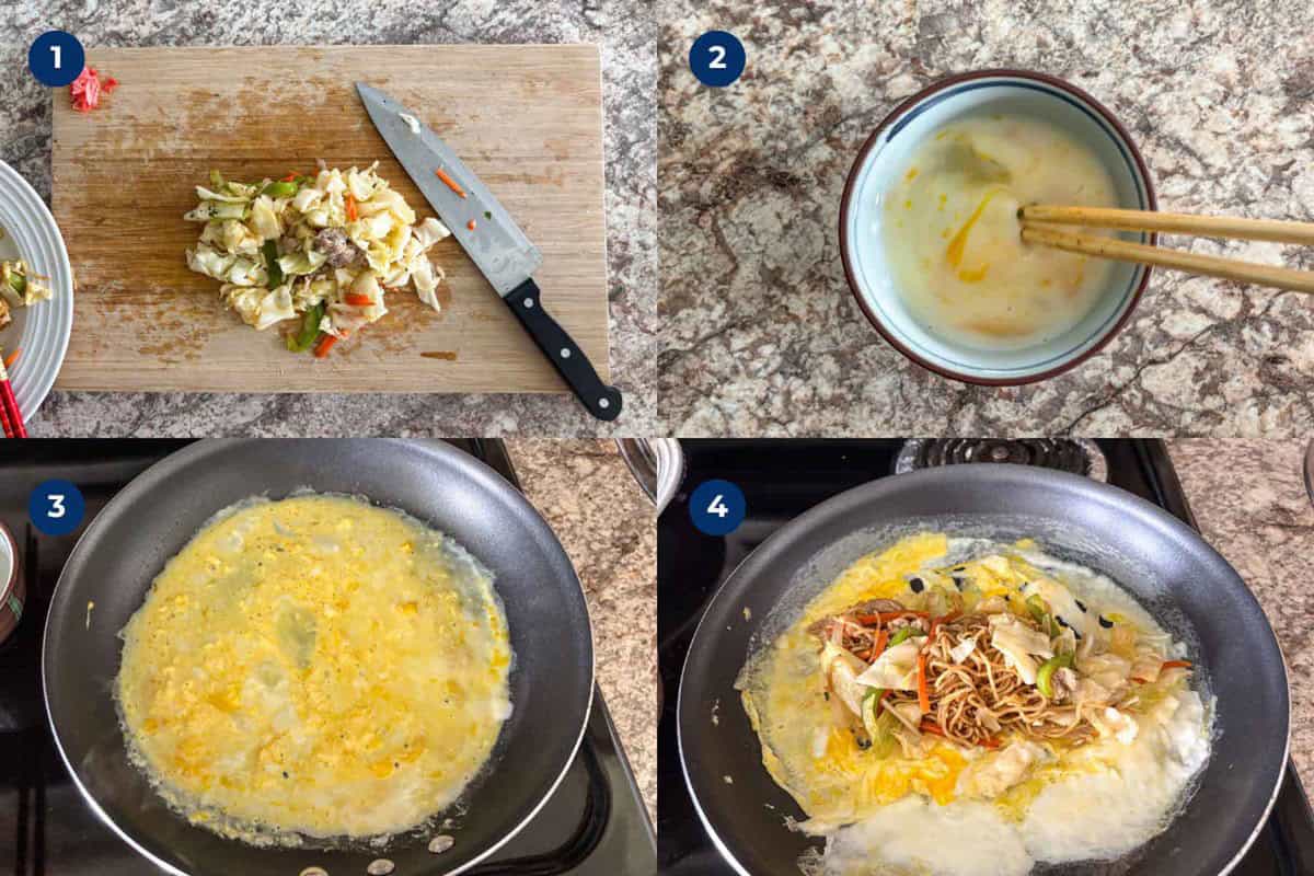 Steps to make omusoba, Japanese stir fry noodles wrapped in omelet.