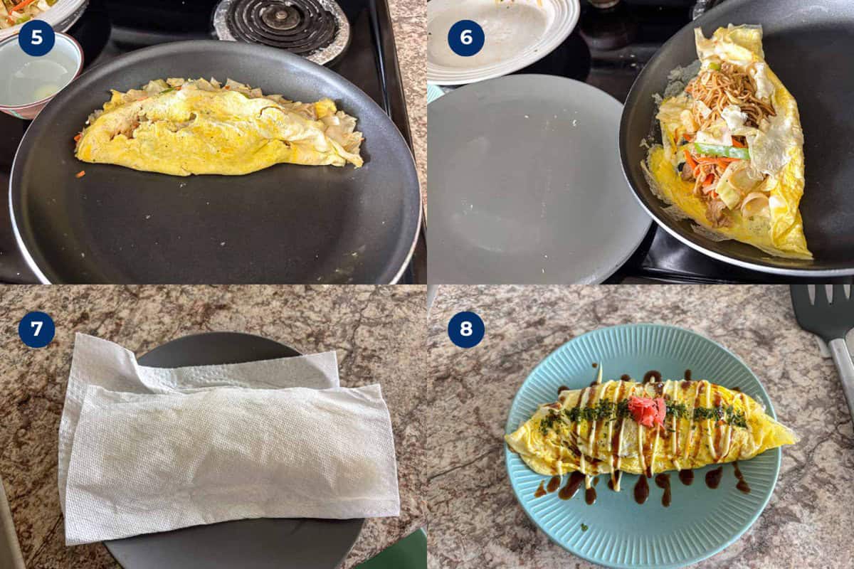 Steps to make omusoba, Japanese stir fry noodles wrapped in omelet.
