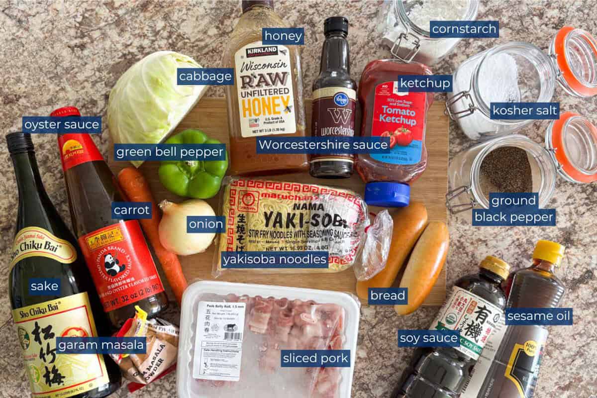 Ingredients to make pakisoba pan (Japanese stir-fry noodles buns).
