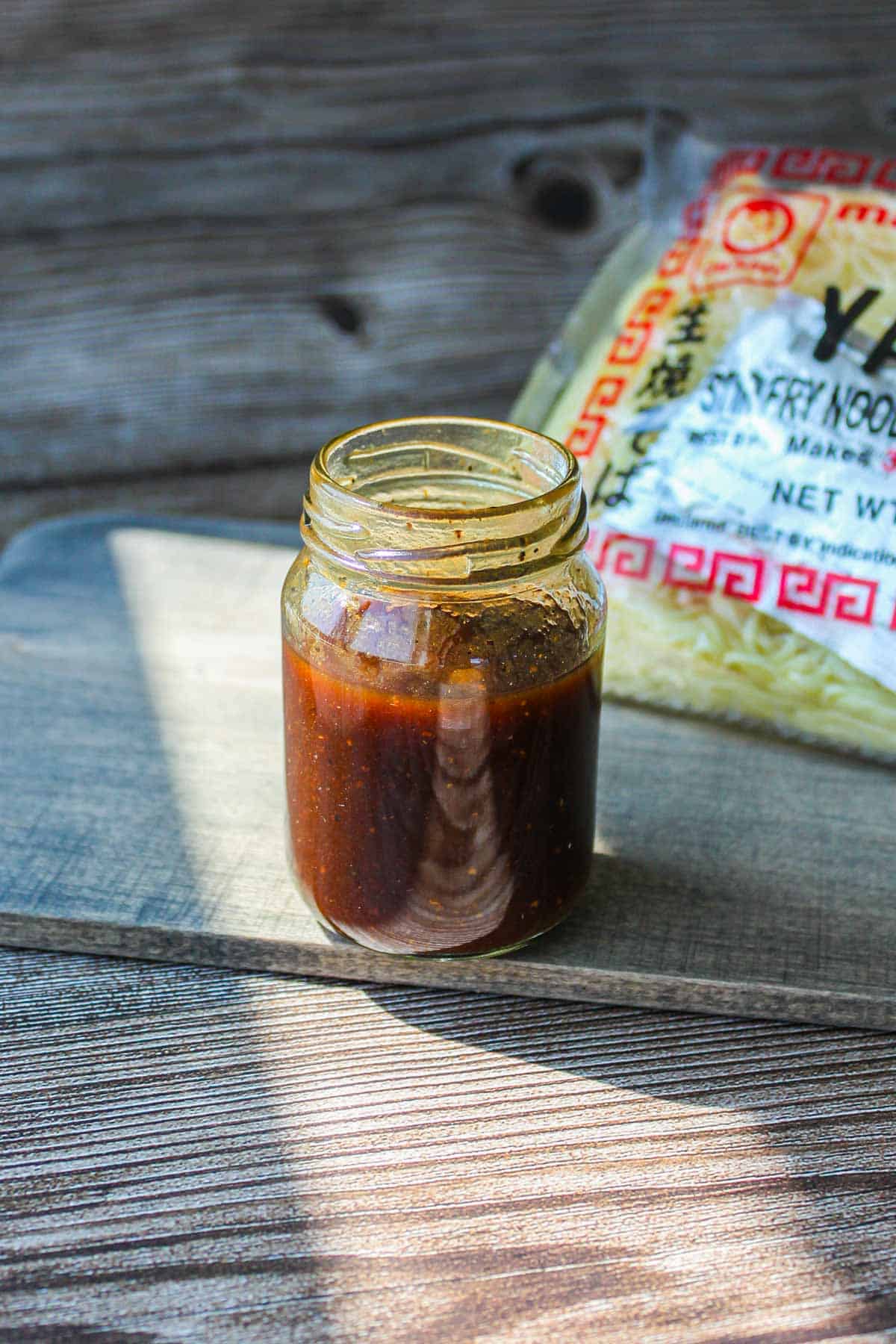 Homemade yakisoba sauce in a bin.