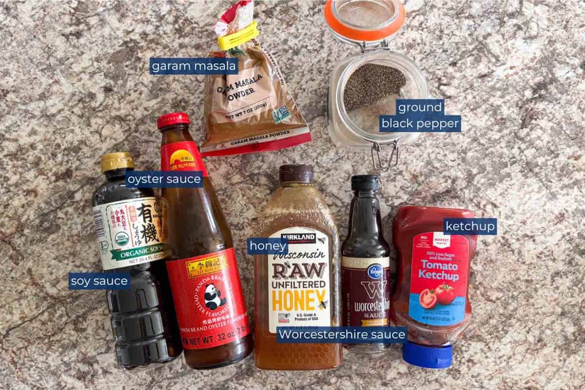 Ingredients to make homemade yakisoba sauce.