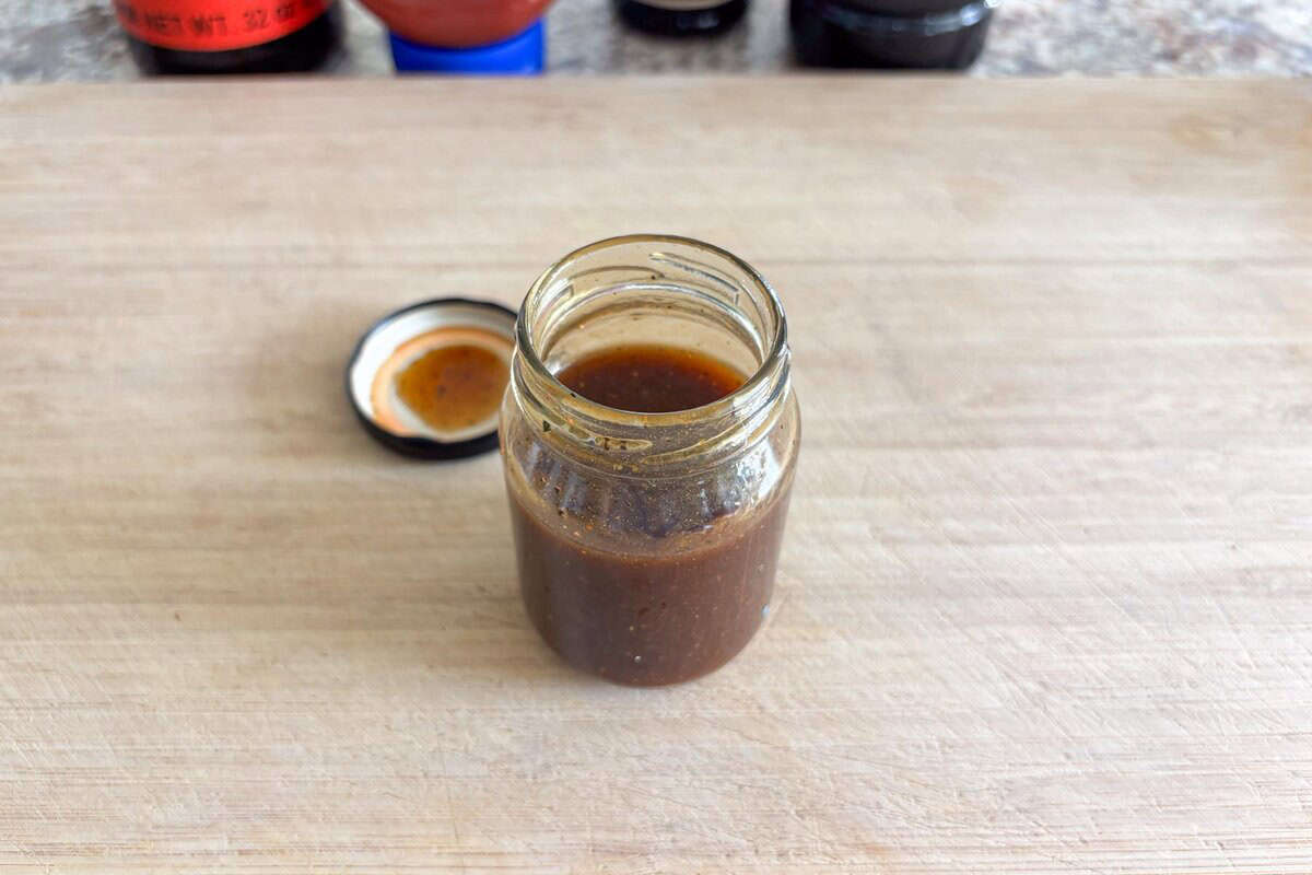 Homemade yakisoba sauce in a bin.