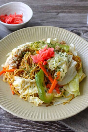 Yakisoba, Japanese stir fry noodles on a plate.