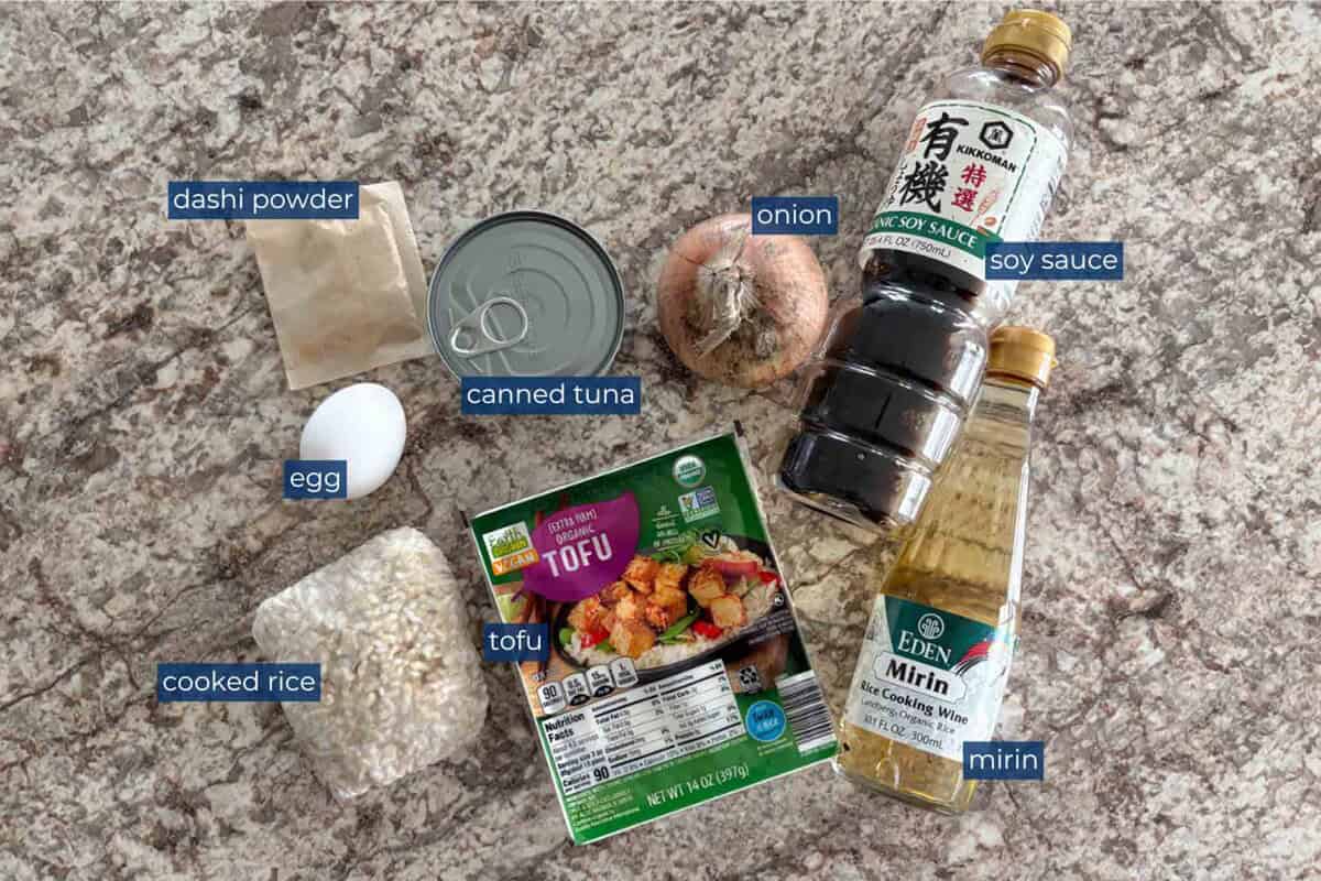 Ingredients to make Japanese tofu and egg donburi rice bowl.